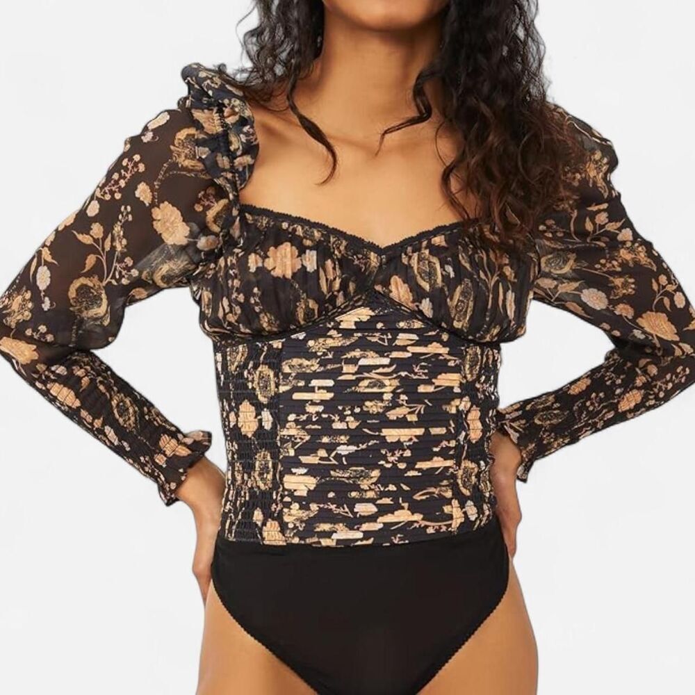 Free People Brunch Date Coquette Prairie Floral Sweetheart Bodysuit Small